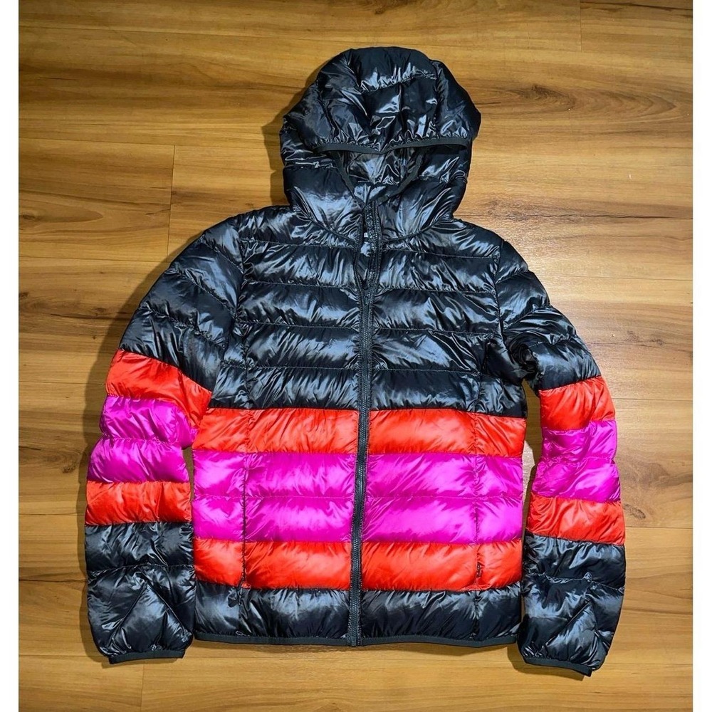 Womens Uniqlo Down Filled Colorblock Full Zip Stripes Hooded Puffer Jacket